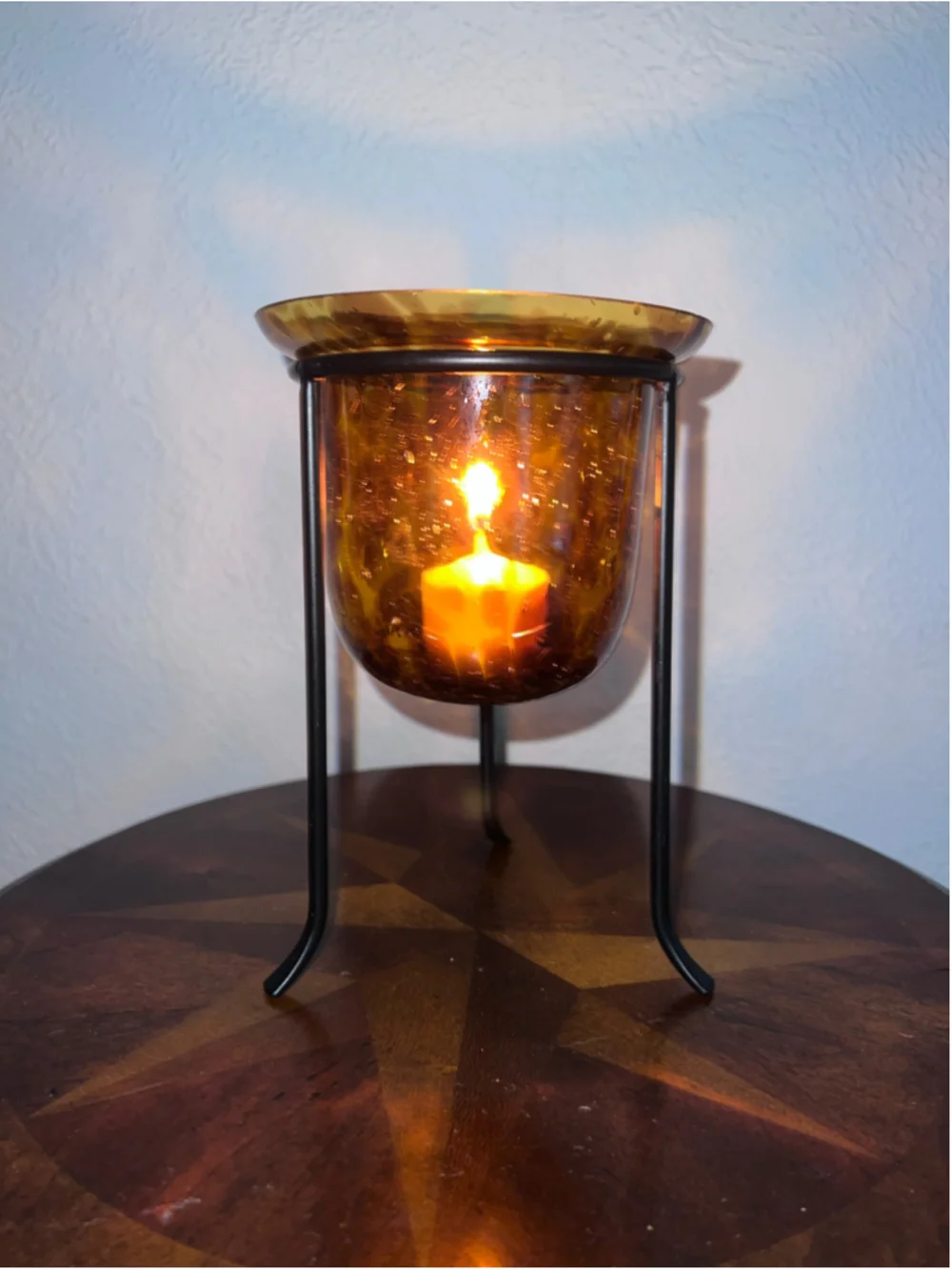 VTG Cheetah Leopard Candle Holder Amber Black Glass Metal Stand